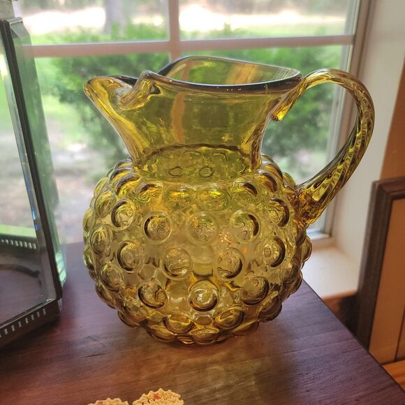 VTG Amber Glass Hobnail Pitcher wide belly applied handle hand blown 8.25" H MCM - Picture 9 of 16
